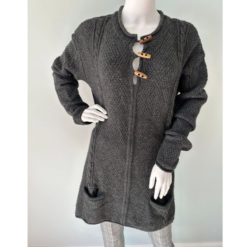 Women's Charcoal Grey Cable Knit Tunic Sweater Toggle Button Pockets size Large